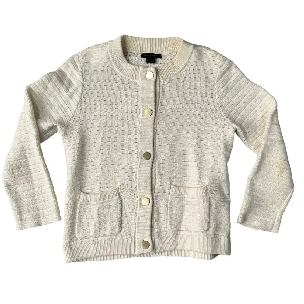 Sanctuary Cream Pointelle Chunky Knit Cardigan Gold Button Sweater Jacket -‎ Med